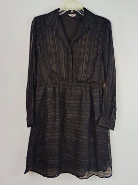 Reo Womens M Black Silver Metallic Thread Long Sleeve Collared Sheer Dress